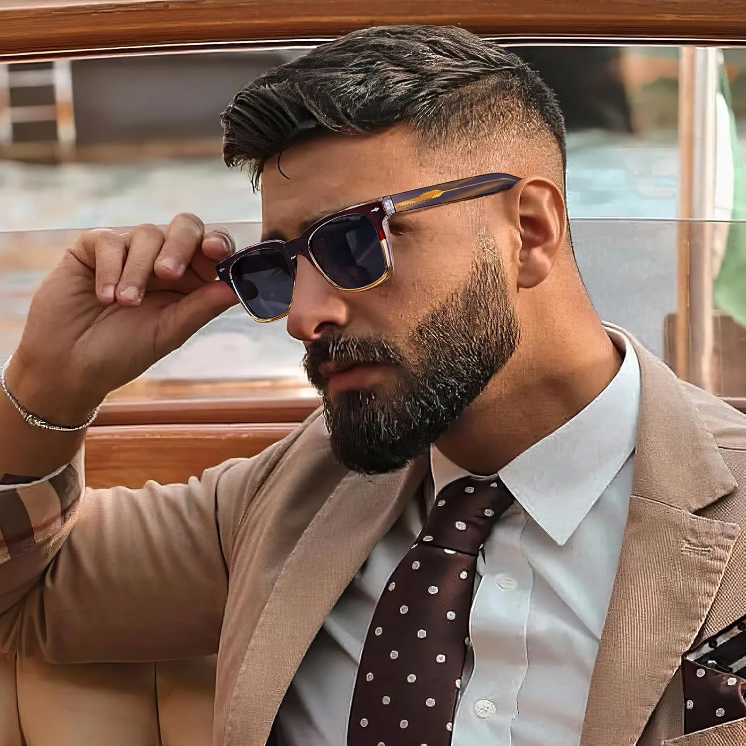 CARFIA Retro Polarized Sunglasses For Men UV400 Protection Square Arrow Rivet Trendy Classic Thick Shades