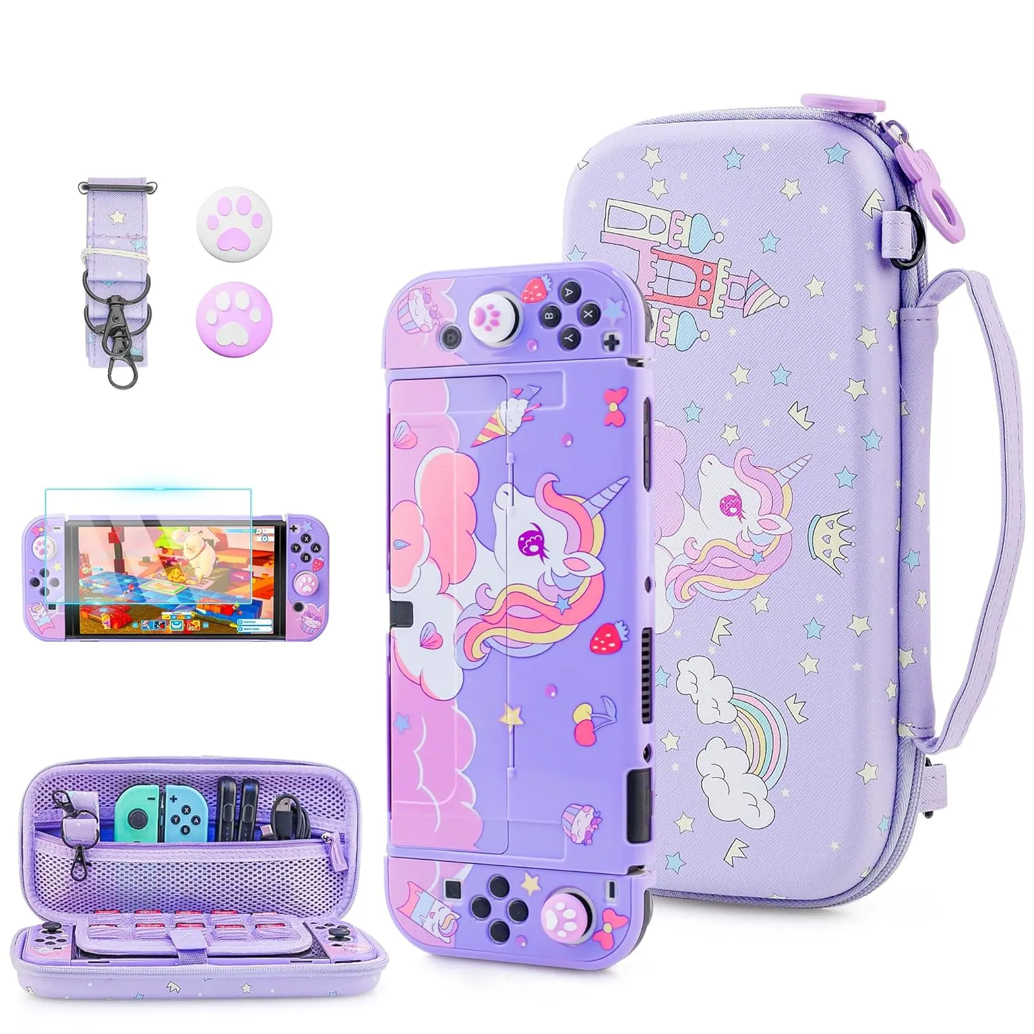 FUNDIARY Cute of Unicorn Carrying Case for Nintendo Switch OLED, Purple Portable Accessories with Slim Travel Storage Case, Dockable Hard PC Cover Skin, Screen Protector, Shoulder Strap & 2 Thumb Caps