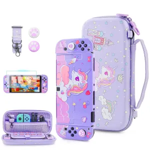FUNDIARY Cute of Unicorn Carrying Case for Nintendo Switch OLED, Purple Portable Accessories with Slim Travel Storage Case, Dockable Hard PC Cover Skin, Screen Protector, Shoulder Strap & 2 Thumb Caps