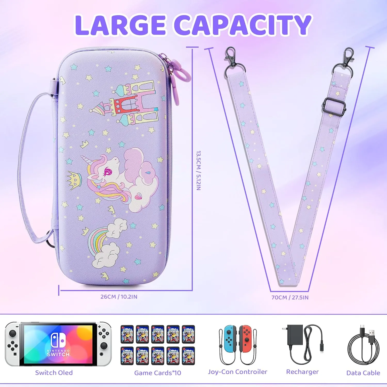 FUNDIARY Cute of Unicorn Carrying Case for Nintendo Switch OLED, Purple Portable Accessories with Slim Travel Storage Case, Dockable Hard PC Cover Skin, Screen Protector, Shoulder Strap & 2 Thumb Caps