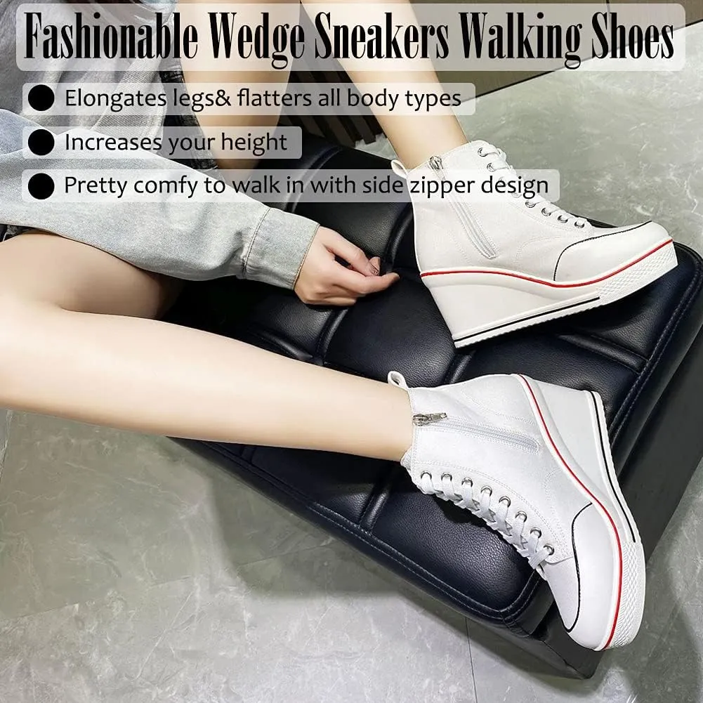 Mei MACLEOD High Heel Sneakers for Women Wedge Heel Sneaker with Side Zipper Casual Lace Up Canvas Shoes for College Students