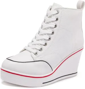 Mei MACLEOD High Heel Sneakers for Women Wedge Heel Sneaker with Side Zipper Casual Lace Up Canvas Shoes for College Students