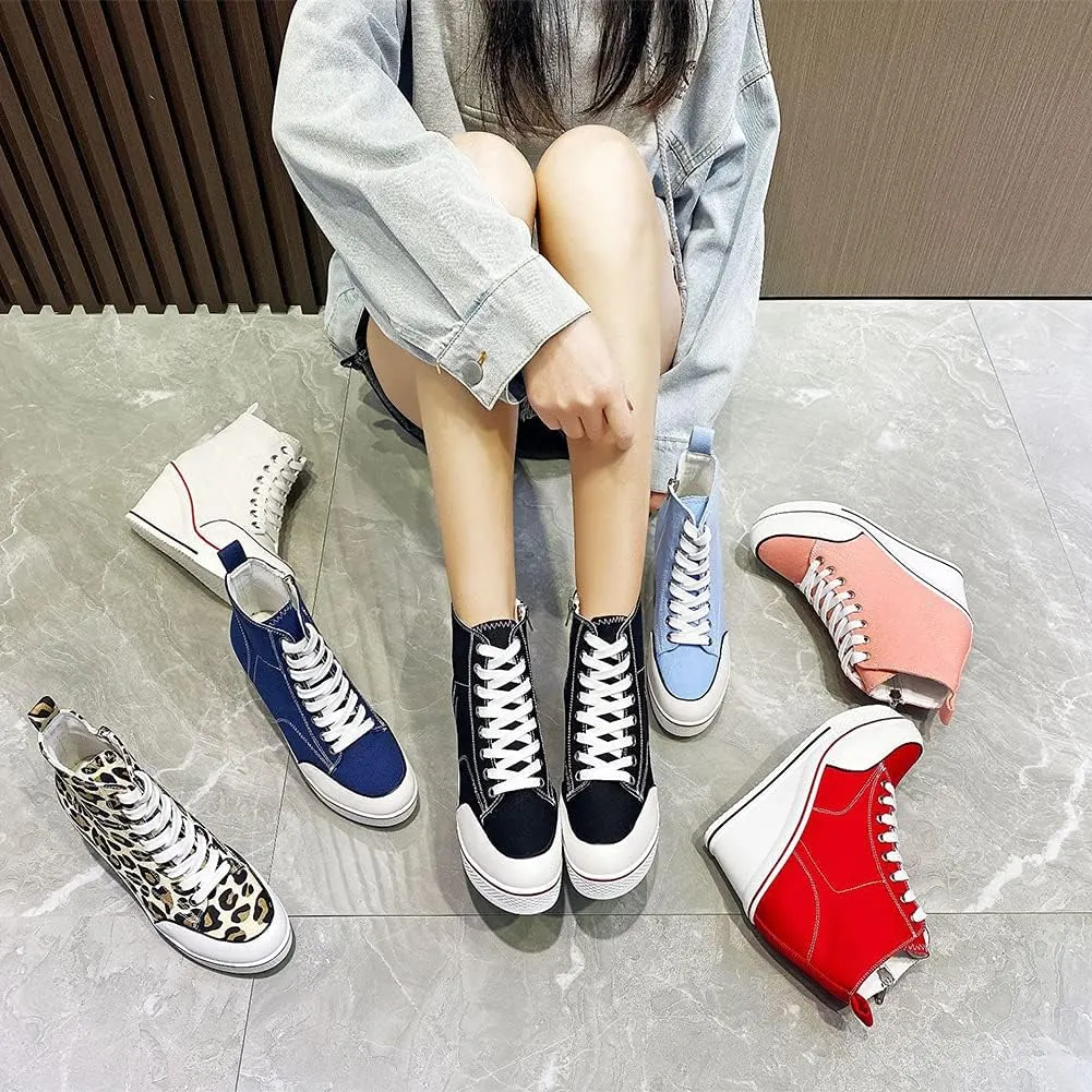 Mei MACLEOD High Heel Sneakers for Women Wedge Heel Sneaker with Side Zipper Casual Lace Up Canvas Shoes for College Students