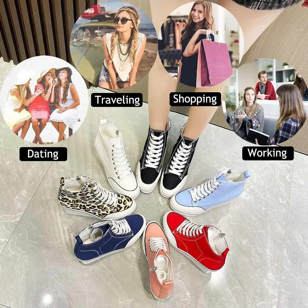 Mei MACLEOD High Heel Sneakers for Women Wedge Heel Sneaker with Side Zipper Casual Lace Up Canvas Shoes for College Students