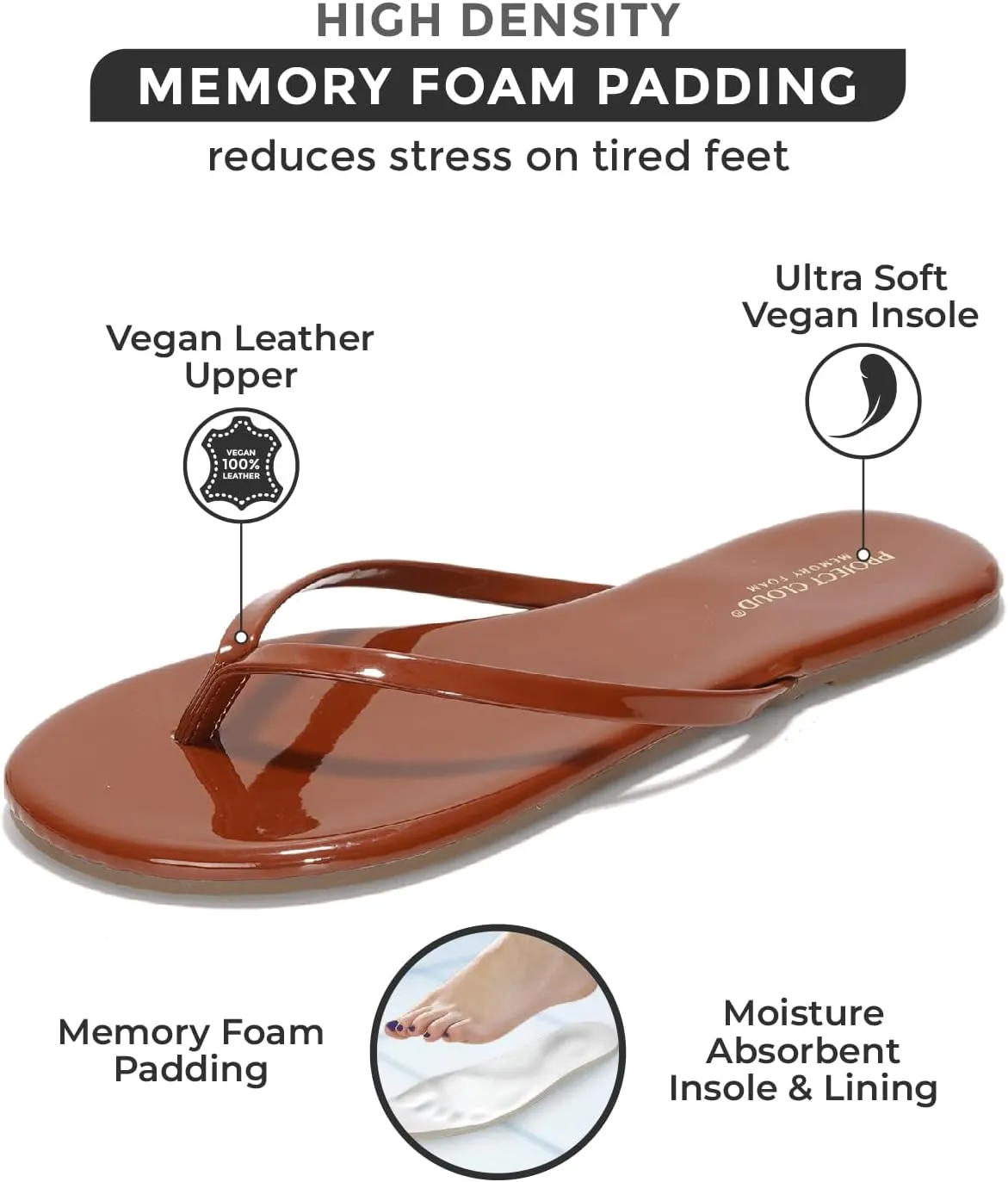 Project Cloud Vegan Leather Flip Flops for Women Footwear - Memory Foam Flats Sandals for Women 2025 - Lightweight Sandals Summer Beach Essentials Slides (Foundations)
