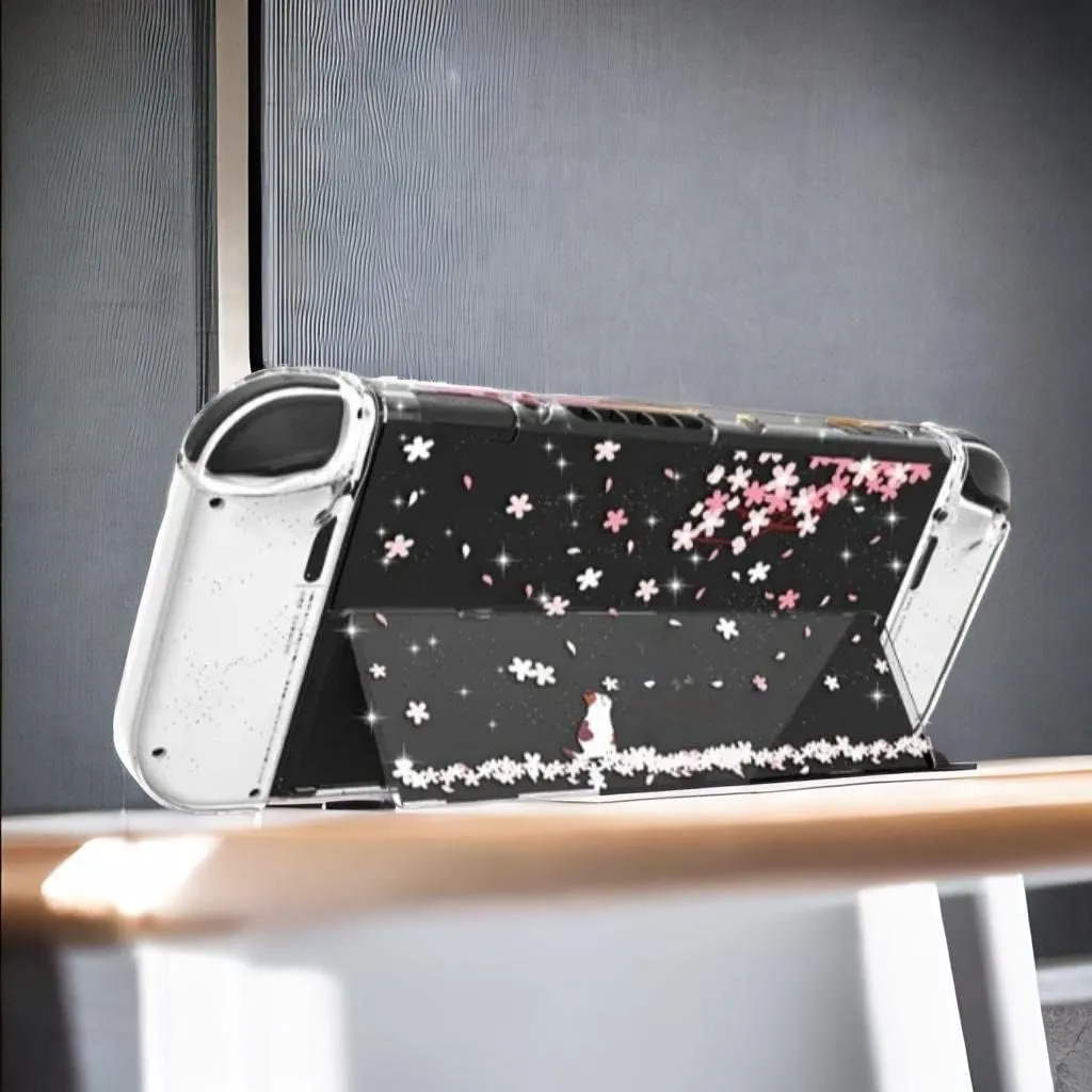 Switch OLED Protective Case, Switch OLED Clear Case with Tempered Glass Screen Protector and Thumb Grips - Cherry Blossom