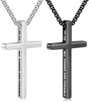 Ursteel 2 Pcs Black Silver Cross Necklace for Men - Inspirational Bible Verse Cross Chain for Men Stainless Steel Cross Pendant Necklace for Men Gifts, Box Chain 18-24 Inch